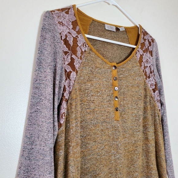 LOGO By Lori Goldstein Henley Tunic Top size XS Colorblock Lace Lagenlook - Picture 2 of 11